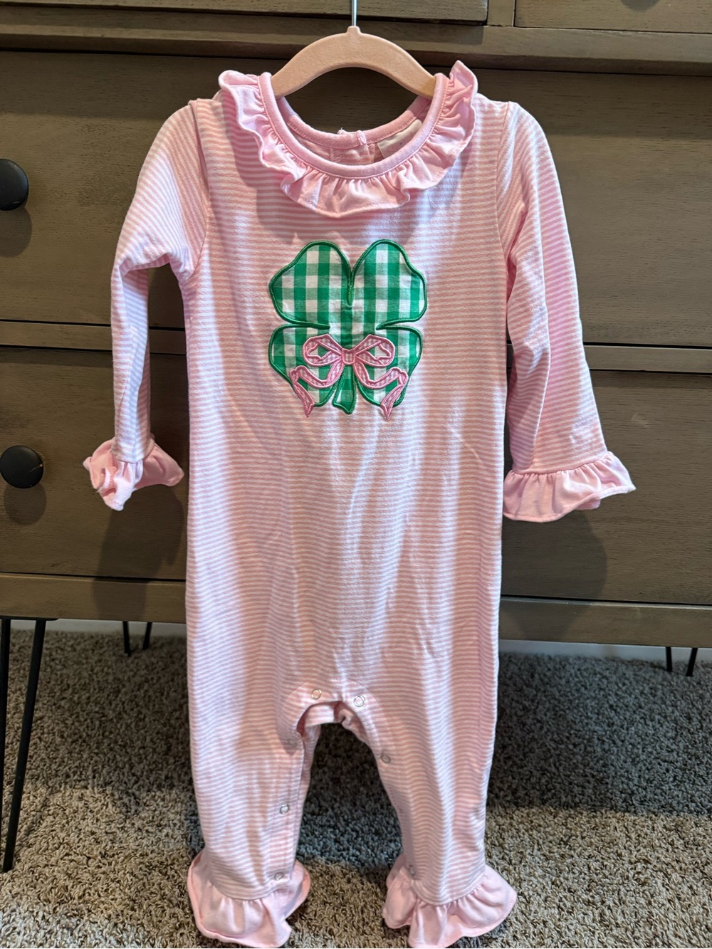 Pink Striped Ruffle Romper with Gingham Clover Applique